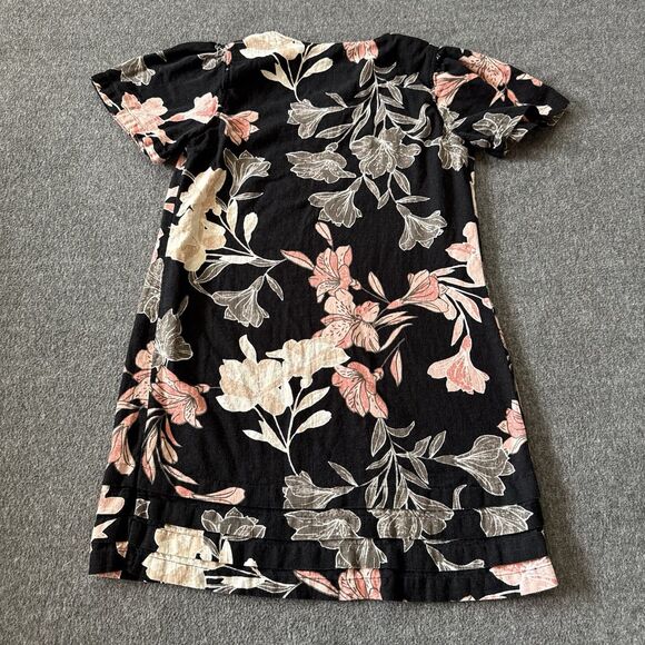 Nicole Miller Dress Womens Small Linen Black Floral A Line Tiered Trim V Neck - Picture 2 of 8